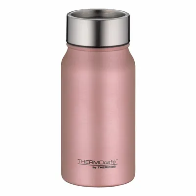A rose gold thermos drinking mug with a silver lid, shown against a white background.