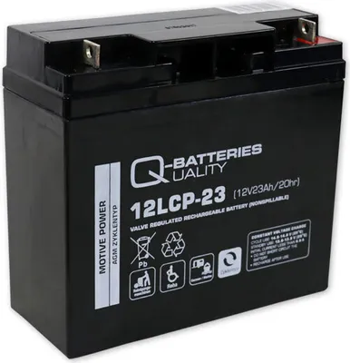 A black battery with product information printed on it, set against a white background.