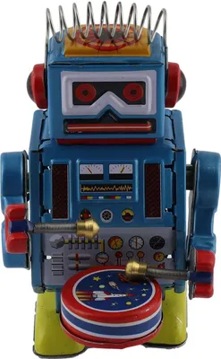 Produktbild von Roboter - kleiner Roboter mit Trommel - blau - Zinnspielzeug