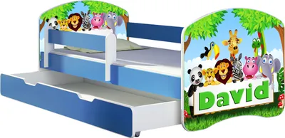 A children's bed with a zoo animal theme, featuring a pull-out drawer.