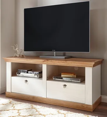 Produktbild von TV-Lowboard "Hemsby" in weiß Pinie und Eiche Wotan Landhaus Komforthöhe 152 x 64 cm