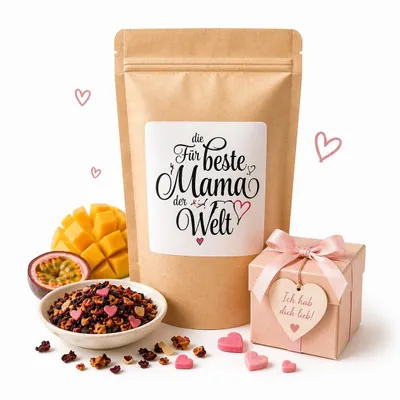 Produktbild von "Für die beste Mama" - Tee Geschenk für Mama – Muttertag Geschenkidee – aromatisierter Früchtetee mit Zuckerherzen - Geschmack: Mango Maracuja