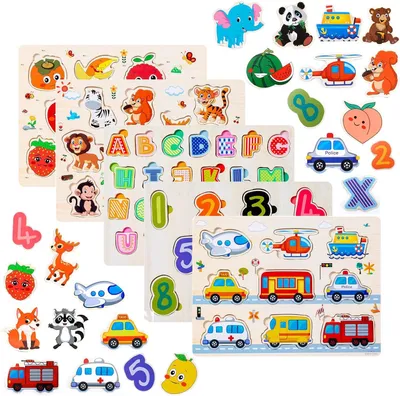 Obrázok produktu pre Drevené puzzle 5-dielne, Montessori hračka pre deti, 1-3 roky, abeceda, čísla, tvary