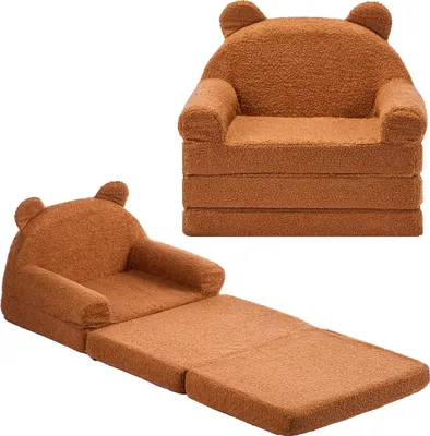 Image de SucceBuy Canapé et fauteuil pour enfants en mousse 28D & peluche douce pour nounours, canapé-lit convertible 2 en 1 pour enfants pour lire ou jouer, marron M (dimensions), convient pour la salle de jeux et le salon