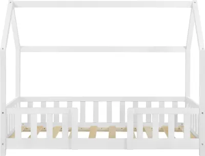 Produktbild von Kinderbett ’Sisimiut’ in Haus-Optik mit Rausfallschutz Kiefernholz 70 x 140 cm Weiß