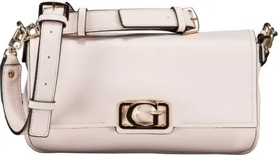 A white handbag with gold hardware.