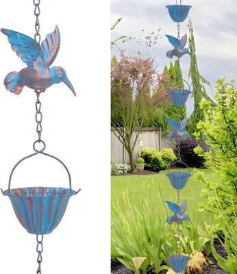 Produktbild von 2,4 m lange Regenrinne mit Kolibris – Retro-Metallkette in Blau, 7 Vögel und 7 Becher für Dachrinnen, Garten und Hausdekoration