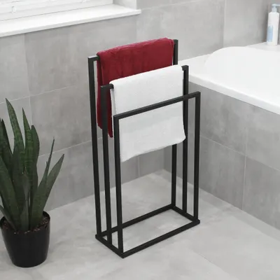 Immagine prodotto di HMP porta asciugamani da terra 3 bracci stabile – metallo nero opaco loft bagno stand asciugamani per bagno hotel spa
