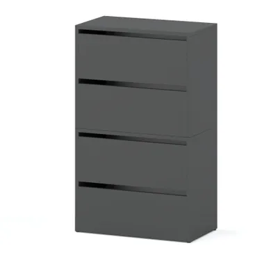 A gray, modern chest of drawers with four drawers, presented against a white background.