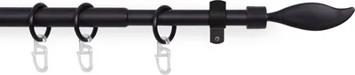 A black curtain rod with rings and a decorative finial.