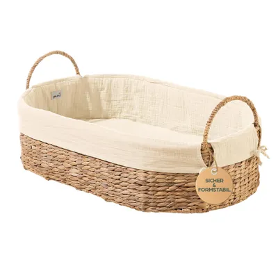 Produktbild von GEUTHER Moses Baby Nest Beige | Handgeflochtene Wasserhyazinthe | Baumwolle | Mit Matratze | Atmungsaktiv | Nachhaltig