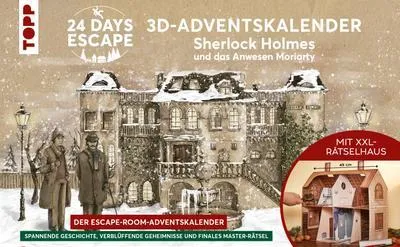 A winter scene with a large, snow-covered building and two figures in the foreground. A smaller model house is shown in a circular inset on the right.