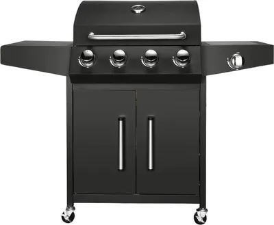 Produktbild von BBQ 5-in-1 Gasgrill – Schwarz – 4+1 Brenner inkl. Seitenbrenner – Thermometer & Ölauffangschale – Edelstahl Grill für Garten, Terrasse & Balkon