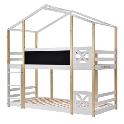 Produktbild von Flieks Etagenbett 90x200cm Kinderbett mit Lattenrost und Tafel, Hausbett mit Leiter, Hochbett mit Rausfallschutz Massivholz für 2 Kinder