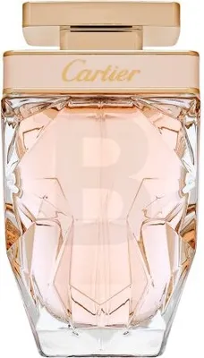 A close-up studio shot of a Cartier La Panthere Eau de Toilette bottle.