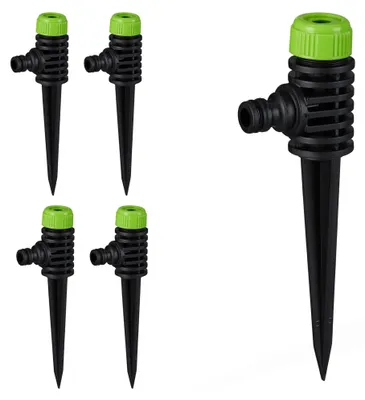 Produktbild von Relaxdays Sprühregner Garten, 5er Set, Klickstecker Anschluss, mit Erdspieß, Flächen bis 30 m², Sprinkler, schwarz/grün