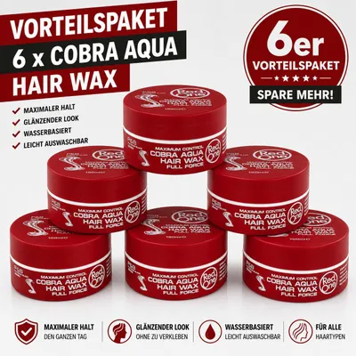 Produktbild von Red One Cobra Aqua Hair Wax 6er Pack – 6 Stück je 150ml Aqua Hair Gel Wax Vorratspack für starken Halt, Wet Look, Glanz, Barber Style, Herren Frisur, kurze Haare, Friseurbedarf & Alltag