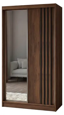 Image de Armoire Neli de 120 cm avec lamelles et miroir, comprenant 2 portes coulissantes. Armoire coulissante (couleur : Noyer Warmia, lamelles noires)