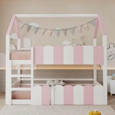 Image de Lit superposé pour enfants, 90x200 cm, lit à baldaquin pour 2 enfants, structure de lit en forme de maison avec sommier à lattes et barrière de sécurité, pour garçons et filles, sans matelas (rose)