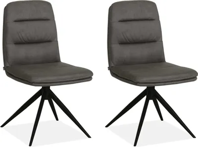 Two gray chairs with black legs are shown against a white background.