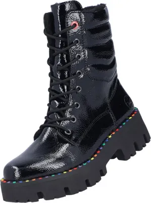 A black patent leather boot with a thick platform sole and colorful stitching.
