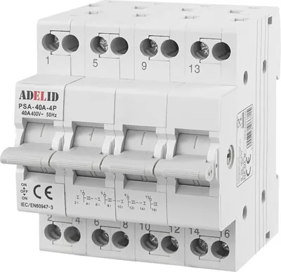 A white 4-pole circuit breaker with multiple switches and connection terminals.