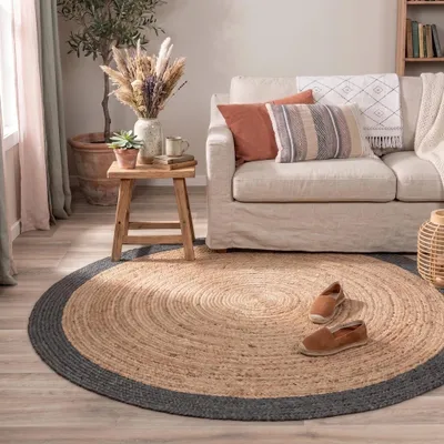 Produktbild von Volero - Jute Teppich Rund - Fair Natur Schwarz - Ø 175cm - Wohnzimmer, Esszimmer, Schlafzimmer - Boho, Ländlich, Modern