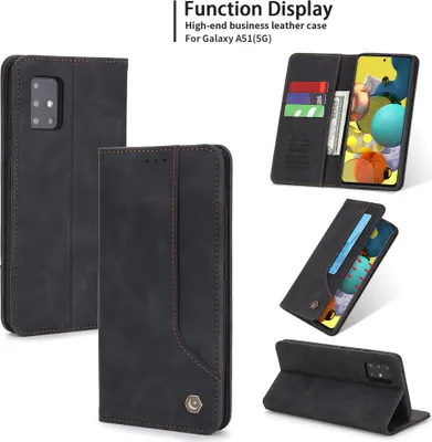 A collage of images showcasing a black leather phone case for a Samsung Galaxy A51 5G, highlighting its features like card slots and stand function.