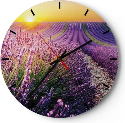Produktbild von Wanduhr - Rund - Glasuhr - Feld Lavendel Sonne - 40x40cm - Schleichendes Uhrwerk - Lautlos - zum Aufhängen bereit - Dekoration Modern - Wanddekoration aus Glas - C3AR40x40-4703