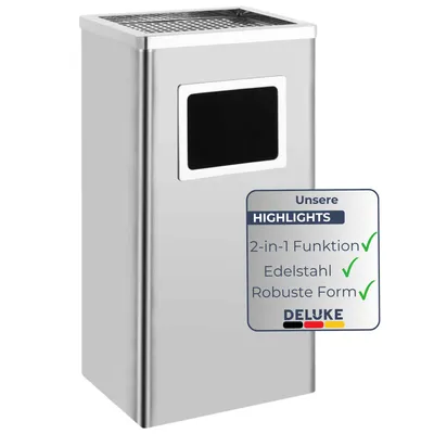 Produktbild von DELUKE® Standaschenbecher für Draußen 45L - Edelstahl 30x24x61cm | Mülleimer mit Aschenbecher Abfalleimer mit Inneneimer Standascher Outdoor, Silber