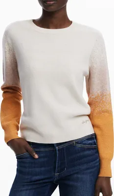 Produktbild von Beiger Damenpullover mit Stickereien und Kontrastdetails – Langarm, Rundhals