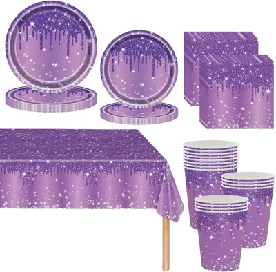 Productafbeelding van Feestservies - Set van 81 - Diamantpapieren borden - Set met kartonnen bekers - Servetten en tafelkleed - Paars