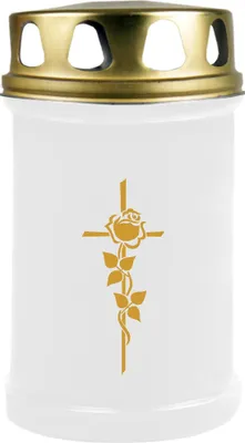 Produktbild von Grabkerze Weiß ( Druck Gold ), Brenndauer: 48 Stunden, Motiv: Rose Kreuz