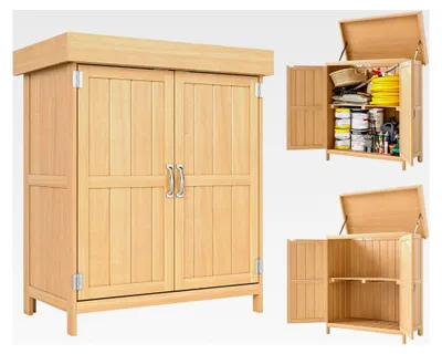 Produktbild von Gartenschrank aus Tannenholz, wetterfester Geräteschuppen 74x43x88cm, Gerätehaus mit Doppeltür und 2 Fächern