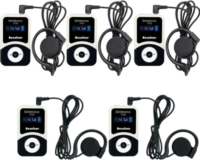 A collection of Retekess T131 receivers with headphones, arranged in two rows.