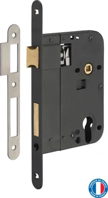 Image de Boitier de serrure encastrable à cylindre pour porte d'entrée, axe 80mm, bouts ronds, noir - THIRARD