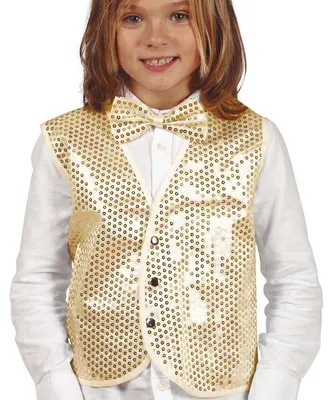 Productafbeelding van Paillettenjasje, kinderkostuum voor carnaval, feestelijk, goud en zilver, glanzend, geschikt voor feesten, kostuum, partykleding, sprankelend, glamoureuze outfit voor kinderfeestjes. Kleur: goud