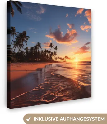 Produktbild von MuchoWow® - Leinwandbilder - Sonnenuntergang - Meer - Horizont - Strand - Palmen, Wandbild, Wanddeko Bilder Wohnzimmer, 90x90 cm