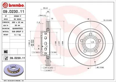 Obrázek produktu pro 2x brzdový kotouč BREMBO 09.D230.11 pro VW PASSAT Variant (3B6) PASSAT (3B3) 54mm