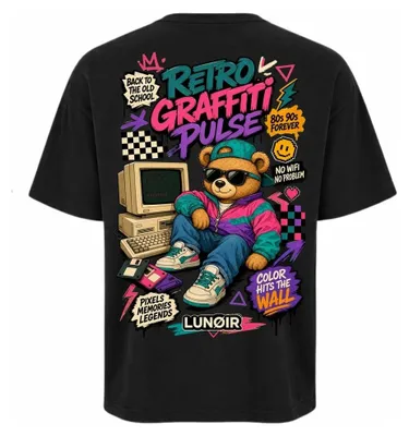 Produktbild von Damen Oversize T-Shirt Schwarz S – Bedrucktes Shirt mit Retro Motiv aus Baumwolle – LUNØIR ©