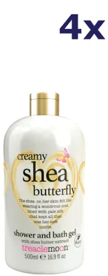 Imagen del producto de 4 unidades de crema para baño y ducha Treaclemoon, fórmula cremosa con manteca de karité, aroma "Butterfly", 500 ml