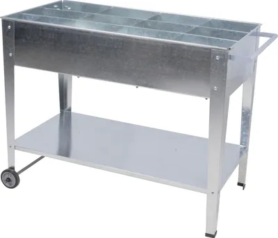 A silver metal raised garden bed with wheels and a lower shelf, shown against a white background.