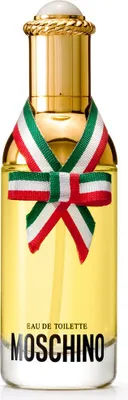 A bottle of Moschino perfume with a ribbon tied around the neck.