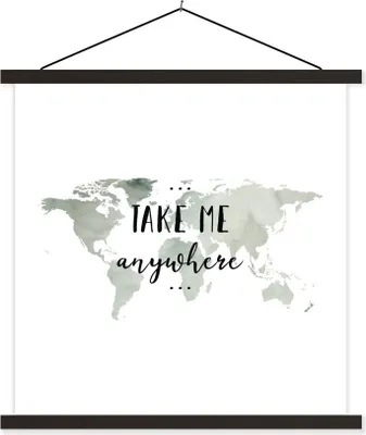 Produktbild von MuchoWow® Textilposter Weltkarte - Grau - Zitat 120x120 cm mit schwarzem Rahmen - Aufhängungsset