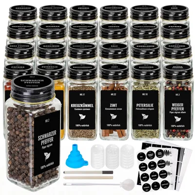 Obrázek produktu pro Omgoods – Sady kořenek, 24 kusů – Čtvercové skleněné dózy o objemu 120 ml – Černé víčka – Organizér na koření – 384 štítků – Silikonové trychtýře – Dózy na koření