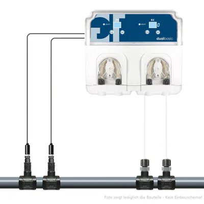 Produktbild von GT dualbasic PH + REDOX (Chlor) automatische Dosieranlage mit 50ér Anbohrschellen ohne Bypass ohne SDM inkl. Zubehör für Becken bis 100 m³ geeignet