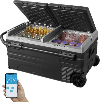 Produktbild von VEVOR Autokühlschrank, 12-Volt-Autokühlschrank, tragbarer 95-Liter-Gefrierschrank mit zwei Zonen und Rädern und Griff, -20 °C bis 20 °C, 12/24 V Gleichstrom und 100–240 V Wechselstrom, Kompressorkühler für Outdoor, Camping