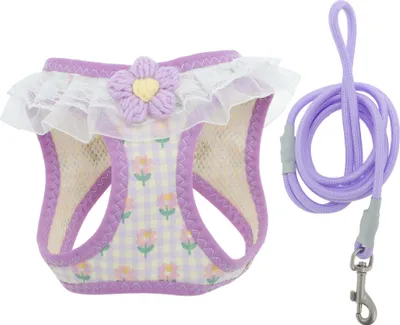 Produktbild von Welpen Geschirr und Leinenset Magische Klettverschlüsse Haustiergeschirr Verstellbare Schnüre Leichtes Weiches Geschirr Mit Blumenmuster Kleine Mittelgroße Hunde Katzen XXS Lila