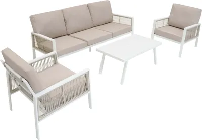 Produktbild von 4-teilige Aluminium-Sofagarnitur mit schwarzer Rattan-Aufbewahrungsbox – Weiß