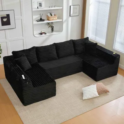 Image de Canapé en velours côtelé AIORBER en forme de U, 6 places, avec porte-gobelets, poches latérales, rembourrage à ressorts et coussins, noir